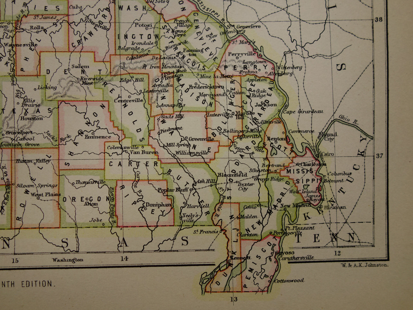 MISSOURI Antieke kaart van de staat Missouri 1883 originele oude kaart Kansas City Saint Louis VS te koop Verenigde Staten