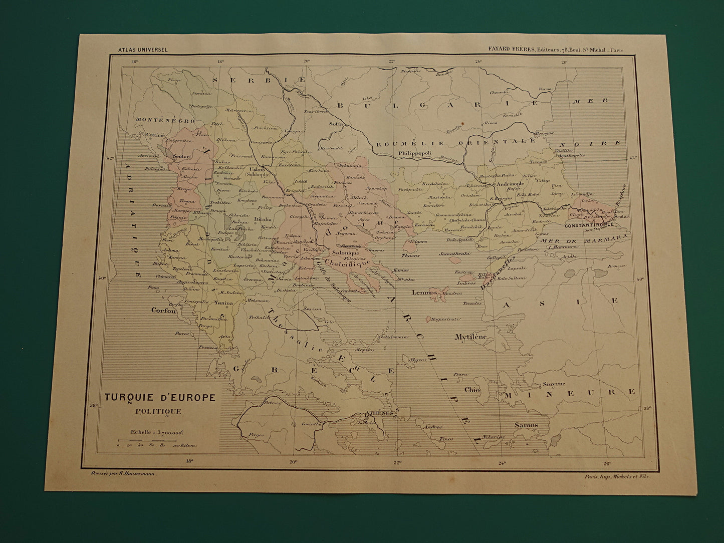 Oude kaart van Europees Turkije in het jaar 1896 historische landkaart Albanië Noord-Macedonië Bulgarije Griekenland oude vintage kaarten