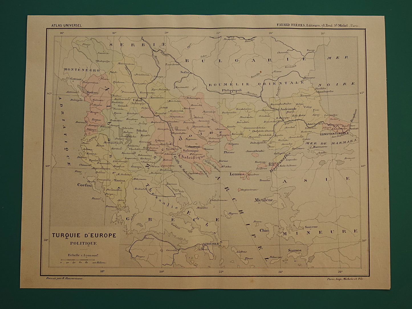 Oude kaart van Europees Turkije in het jaar 1896 historische landkaart Albanië Noord-Macedonië Bulgarije Griekenland oude vintage kaarten