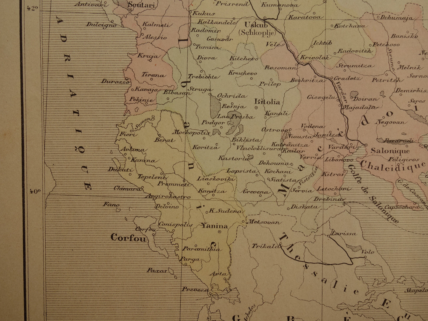 Oude kaart van Europees Turkije in het jaar 1896 historische landkaart Albanië Noord-Macedonië Bulgarije Griekenland oude vintage kaarten