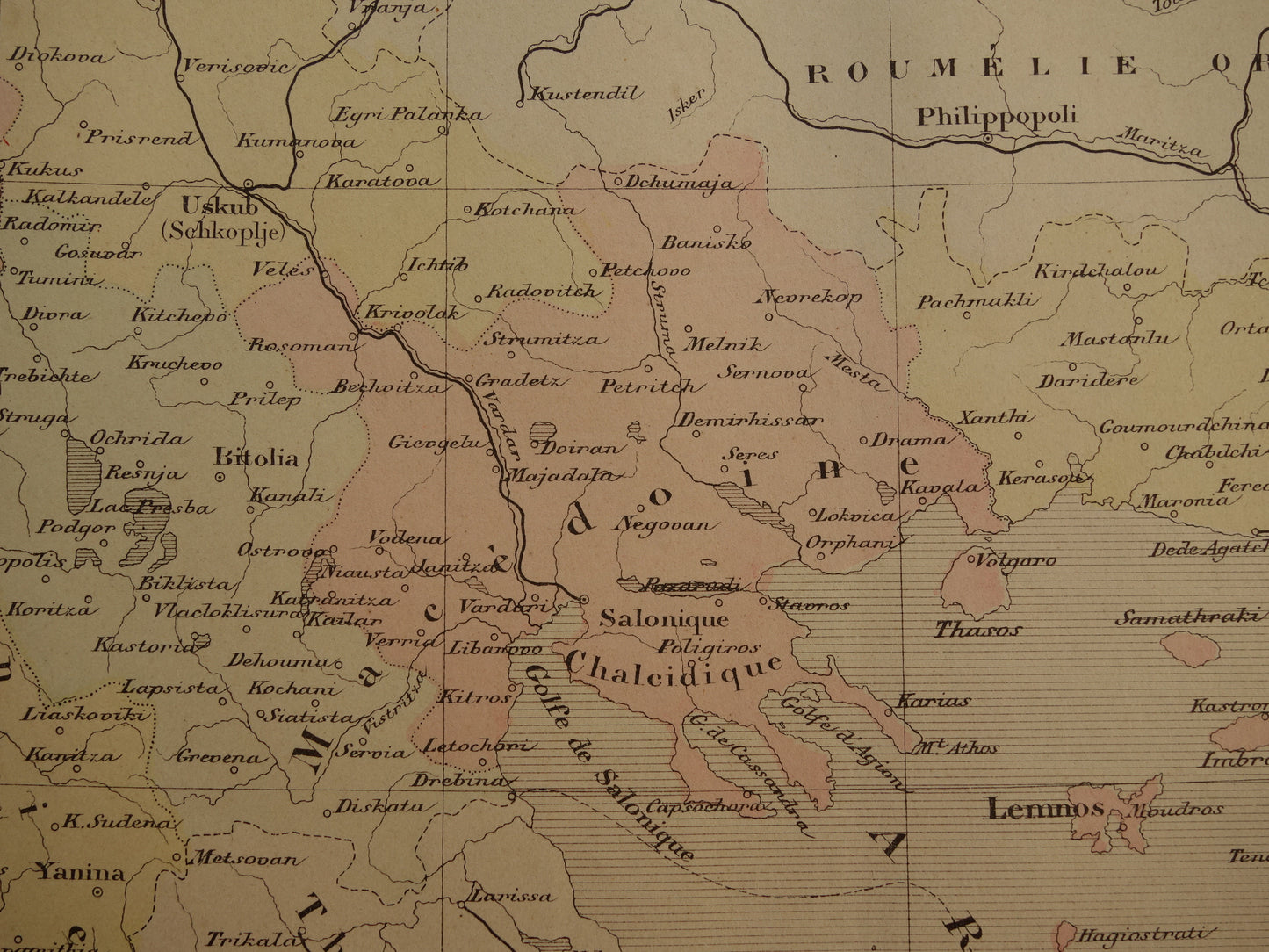 Oude kaart van Europees Turkije in het jaar 1896 historische landkaart Albanië Noord-Macedonië Bulgarije Griekenland oude vintage kaarten