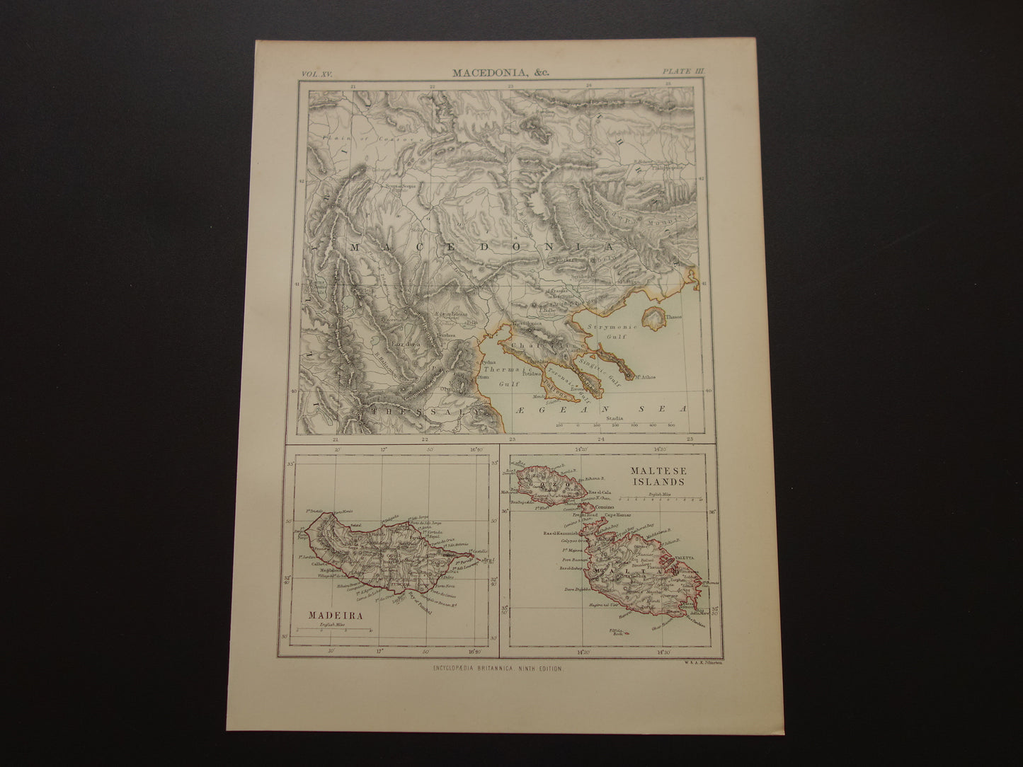 MACEDONIË oude kaart van Macedonie Madeira en Malta uit 1883 Originele antieke kaarten Gedetailleerde vintage landkaart
