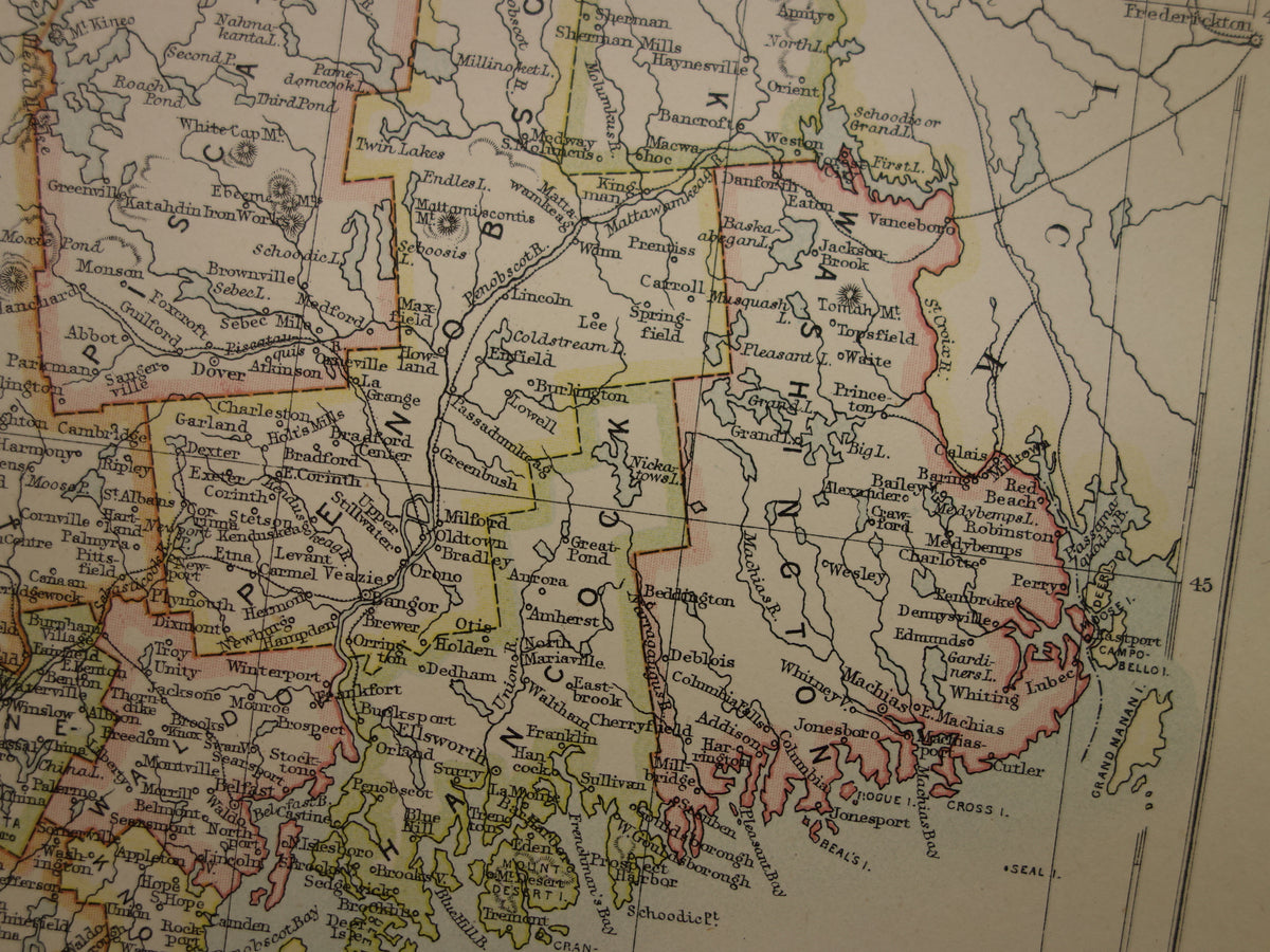 MAINE Oude kaart van de staat Maine1883 originele antieke kaart Portland Augusta Lewiston vintage kaarten van Verenigde Staten