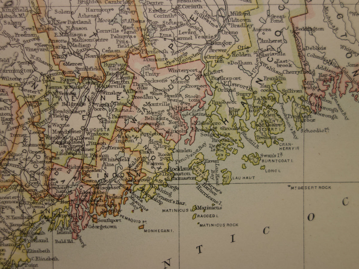 MAINE Oude kaart van de staat Maine1883 originele antieke kaart Portland Augusta Lewiston vintage kaarten van Verenigde Staten