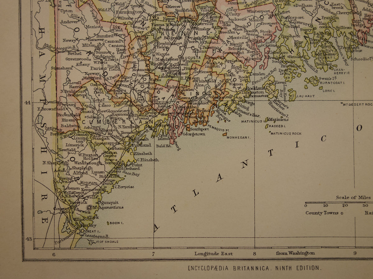 MAINE Oude kaart van de staat Maine1883 originele antieke kaart Portland Augusta Lewiston vintage kaarten van Verenigde Staten