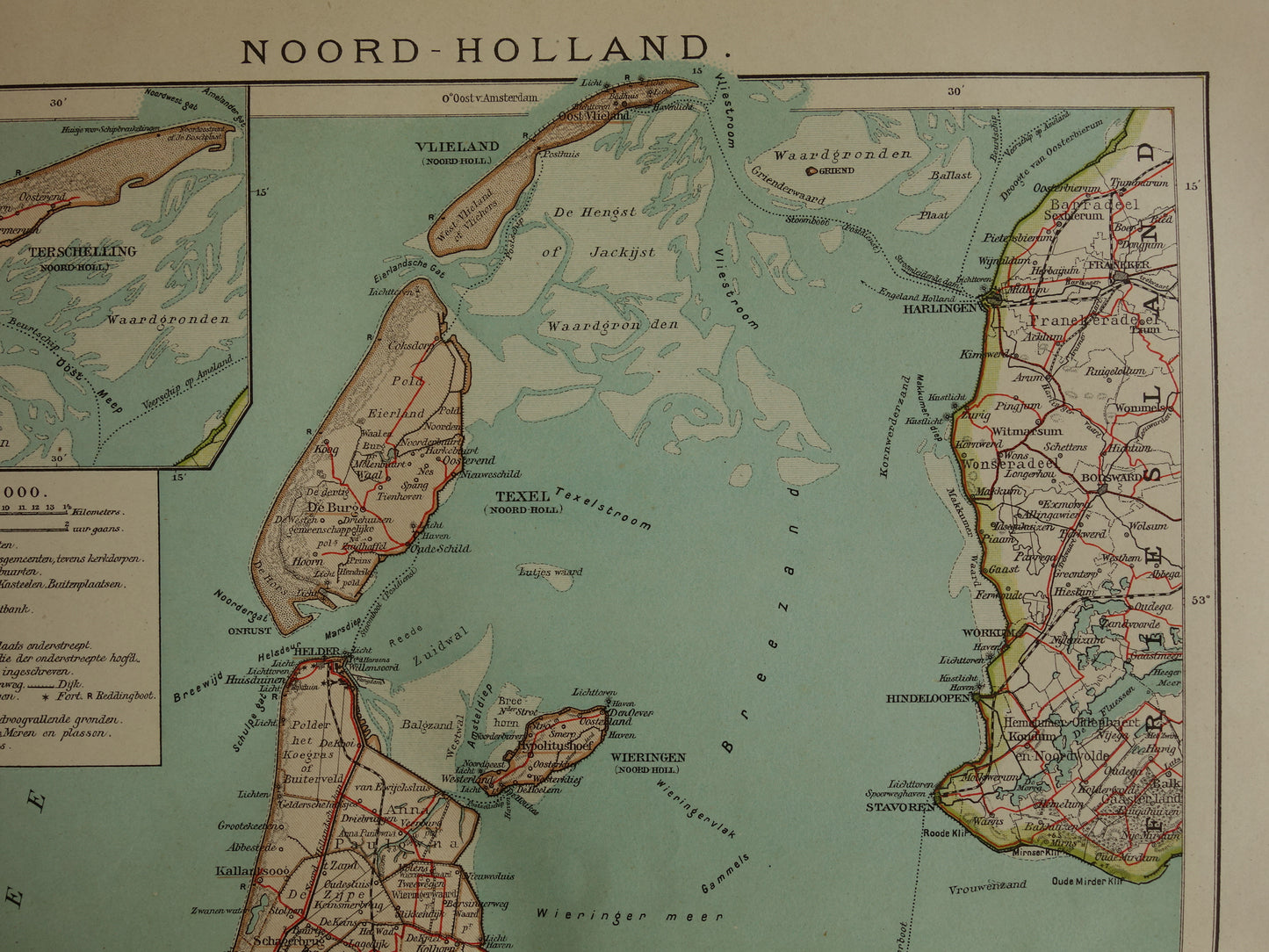 Oude kaart van de provincie Noord-Holland uit 1920 originele vintage antieke landkaart Amsterdam Enkhuizen Alkmaar Texel - Nederlandse landkaarten