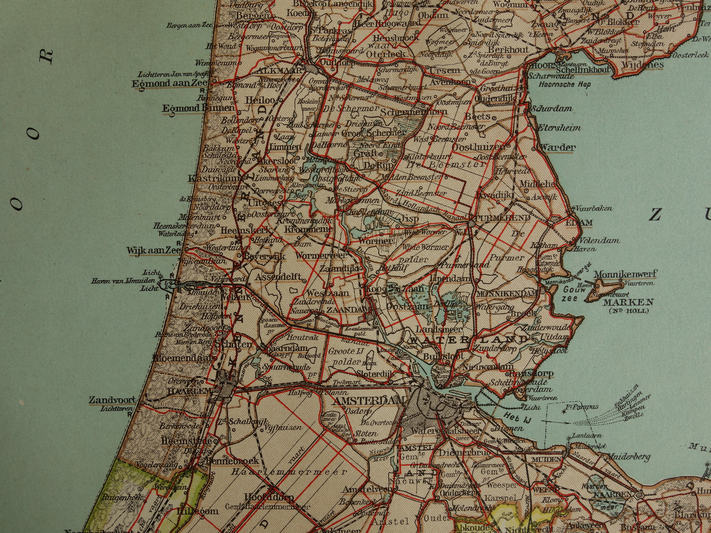 Oude kaart van de provincie Noord-Holland uit 1920 originele vintage antieke landkaart Amsterdam Enkhuizen Alkmaar Texel - Nederlandse landkaarten