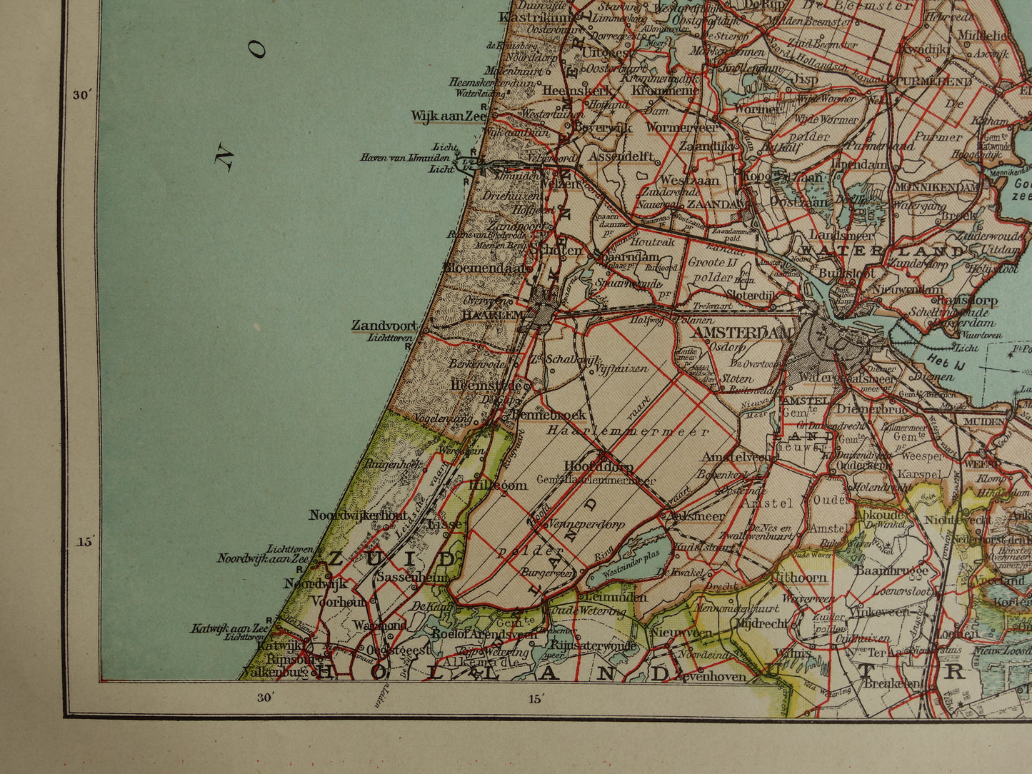 Oude kaart van de provincie Noord-Holland uit 1920 originele vintage antieke landkaart Amsterdam Enkhuizen Alkmaar Texel - Nederlandse landkaarten