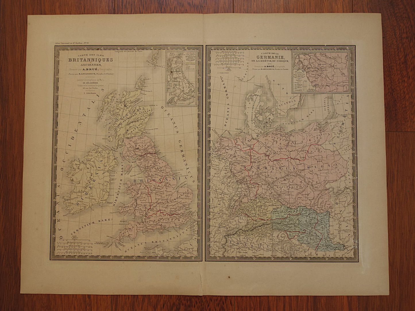 Oude historische kaart van Groot-Brittanië en Duitsland in de klassieke oudheid 1876 originele antieke handgekleurde kaart poster van Romeinse Rijk Brittannia Hibernia Germania