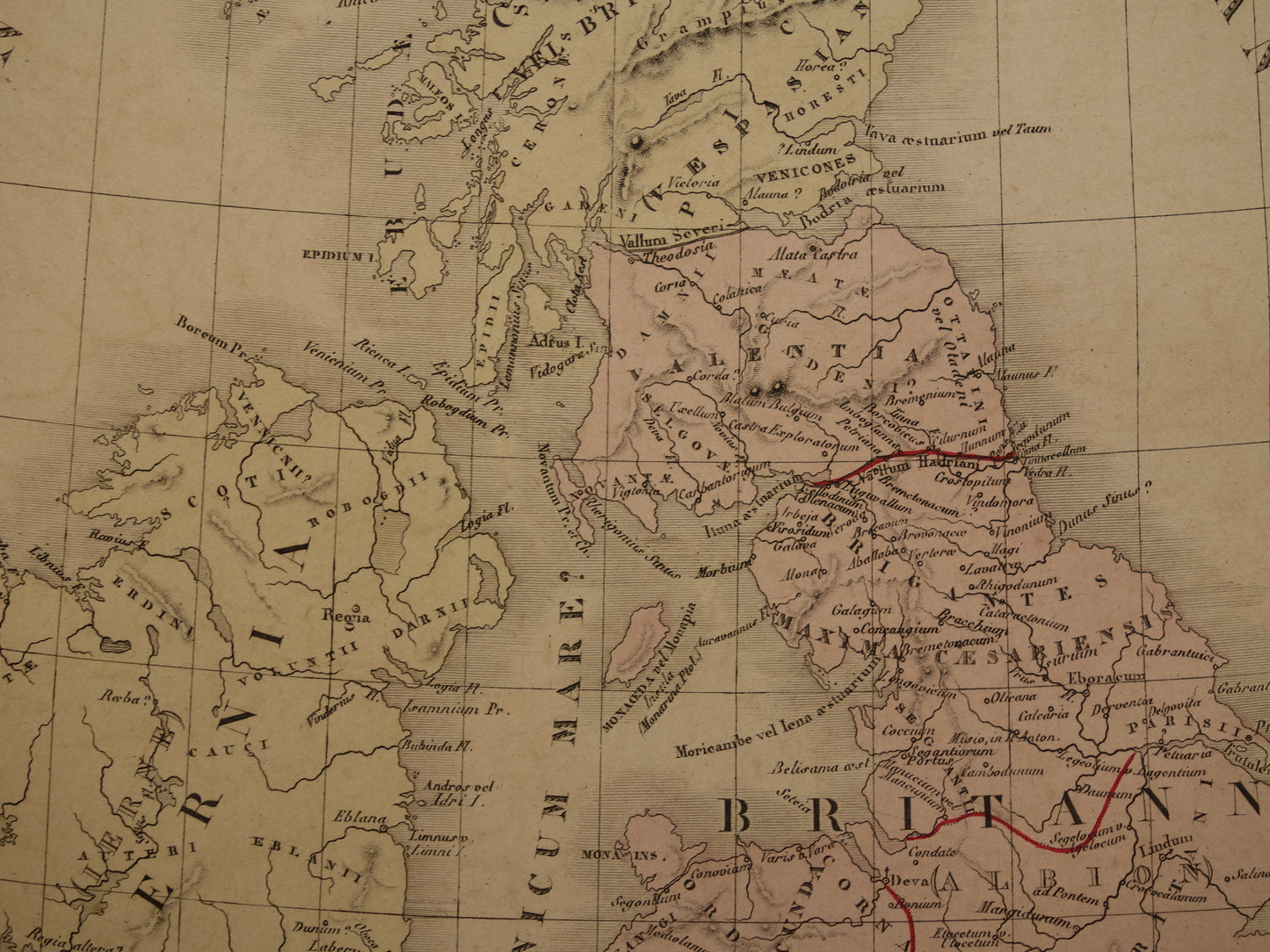 Oude historische kaart van Groot-Brittanië en Duitsland in de klassieke oudheid 1876 originele antieke handgekleurde kaart poster van Romeinse Rijk Brittannia Hibernia Germania
