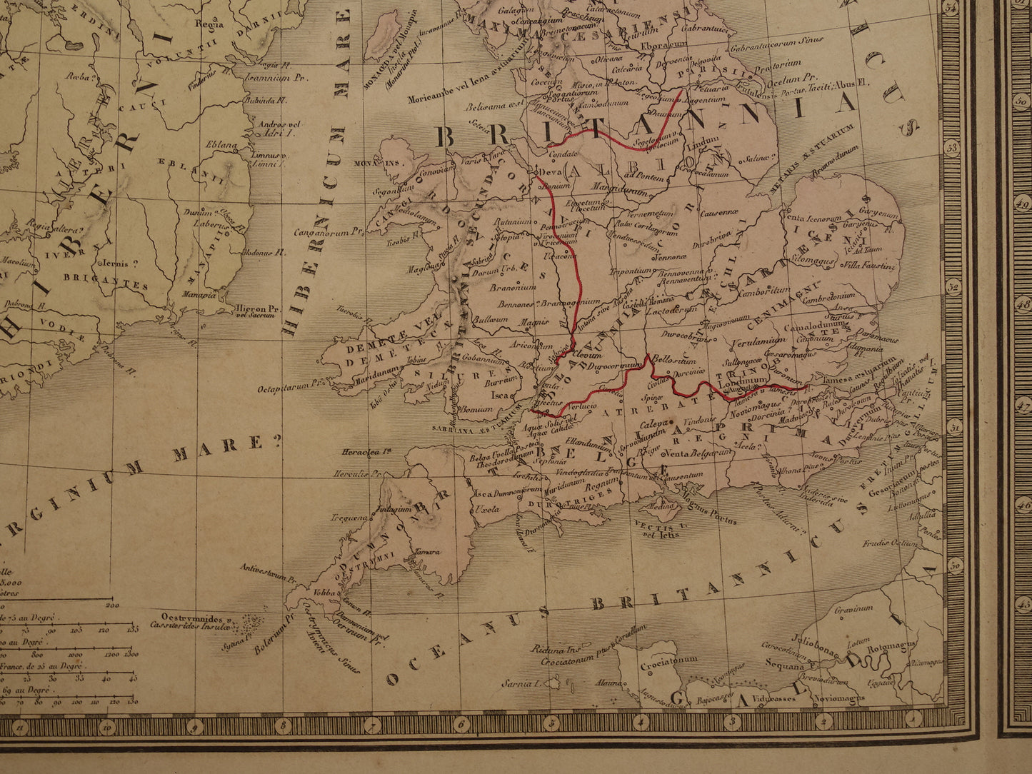 Oude historische kaart van Groot-Brittanië en Duitsland in de klassieke oudheid 1876 originele antieke handgekleurde kaart poster van Romeinse Rijk Brittannia Hibernia Germania