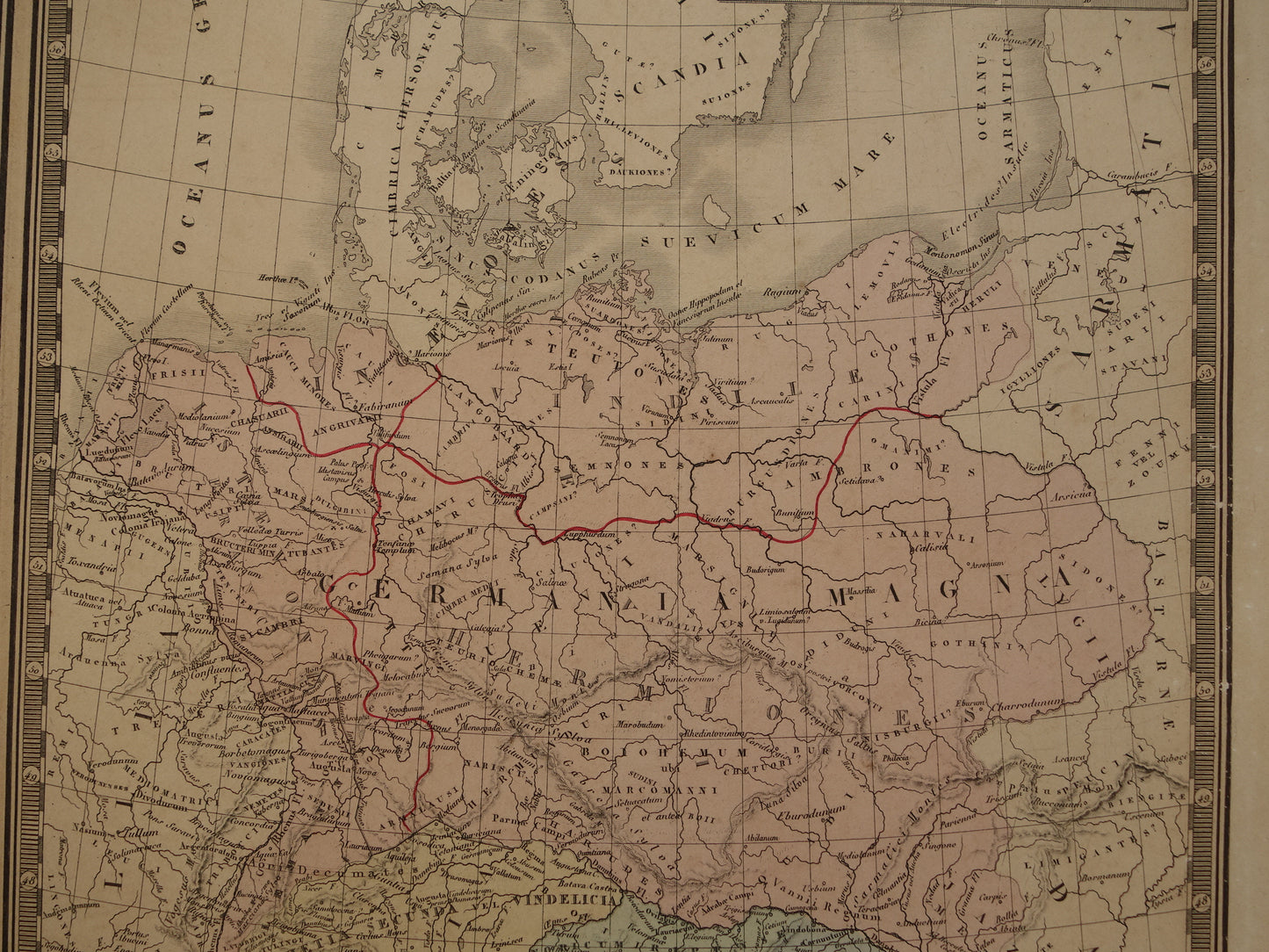 Oude historische kaart van Groot-Brittanië en Duitsland in de klassieke oudheid 1876 originele antieke handgekleurde kaart poster van Romeinse Rijk Brittannia Hibernia Germania