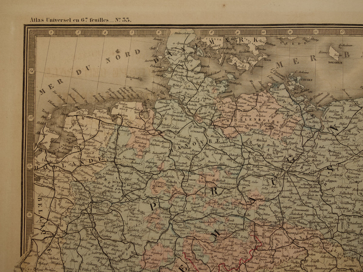 Kaart van Centraal-Europa in 1876 originele antieke handgekleurde oude landkaart poster van Duitsland, Polen Oostenrijk en Tsjechië