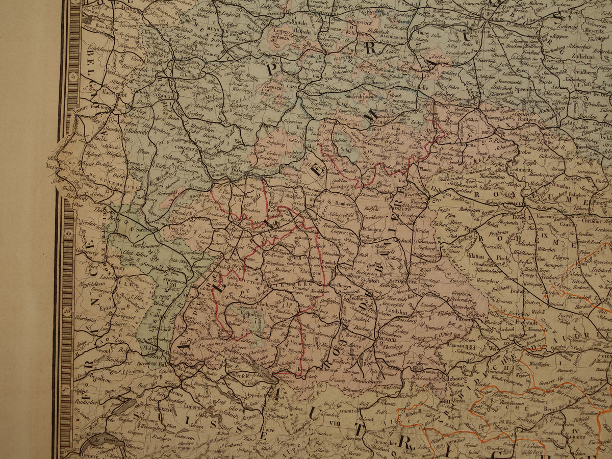 Kaart van Centraal-Europa in 1876 originele antieke handgekleurde oude landkaart poster van Duitsland, Polen Oostenrijk en Tsjechië