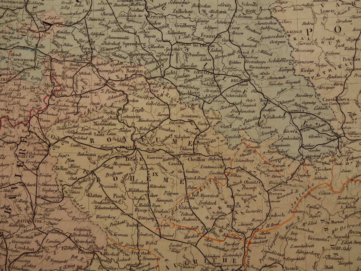 Kaart van Centraal-Europa in 1876 originele antieke handgekleurde oude landkaart poster van Duitsland, Polen Oostenrijk en Tsjechië