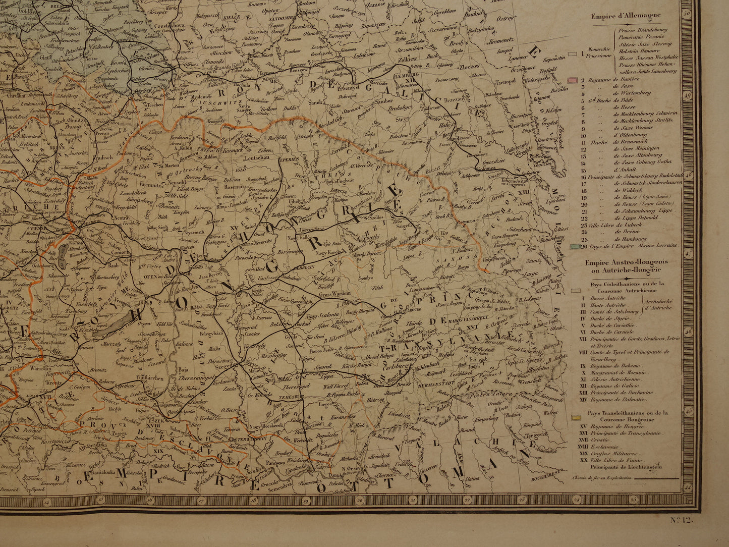 Kaart van Centraal-Europa in 1876 originele antieke handgekleurde oude landkaart poster van Duitsland, Polen Oostenrijk en Tsjechië