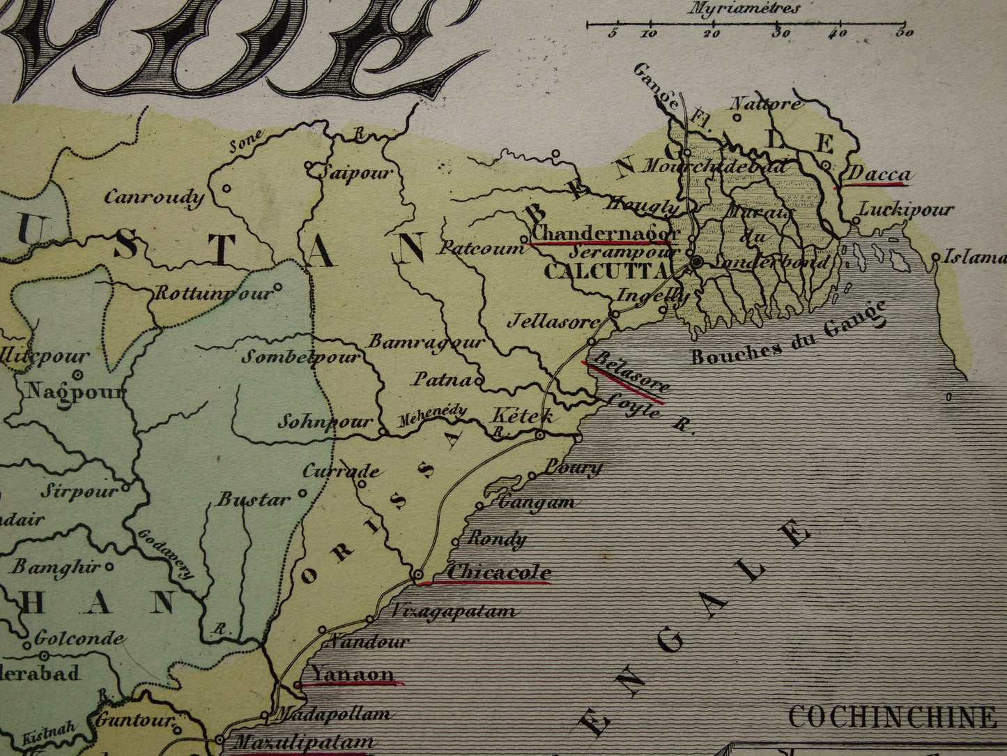 INDIA oude kaart 1872 originele antieke Franse handgekleurde landkaart van India met Franse koloniale bezittingen