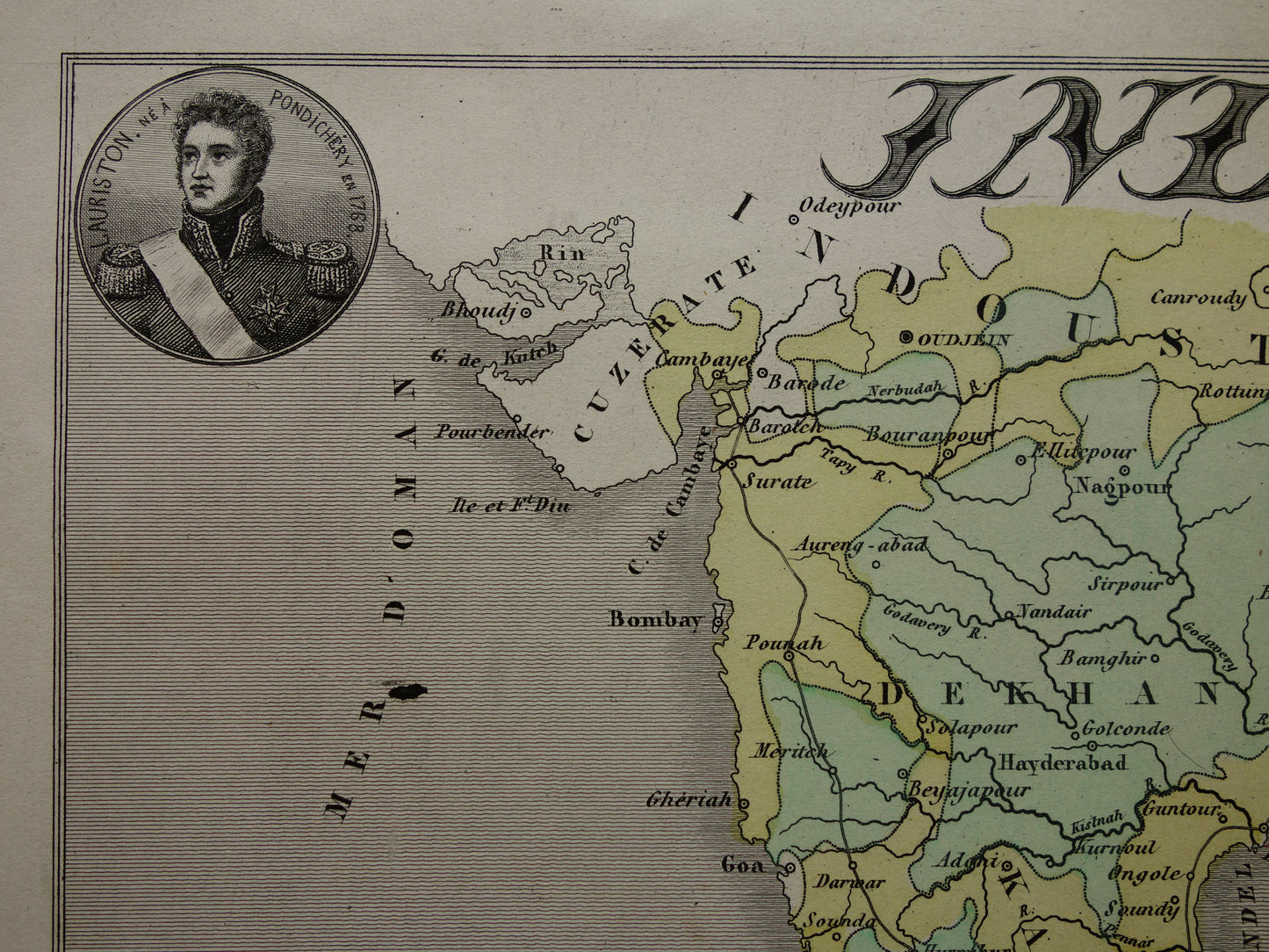 INDIA oude kaart 1872 originele antieke Franse handgekleurde landkaart van India met Franse koloniale bezittingen