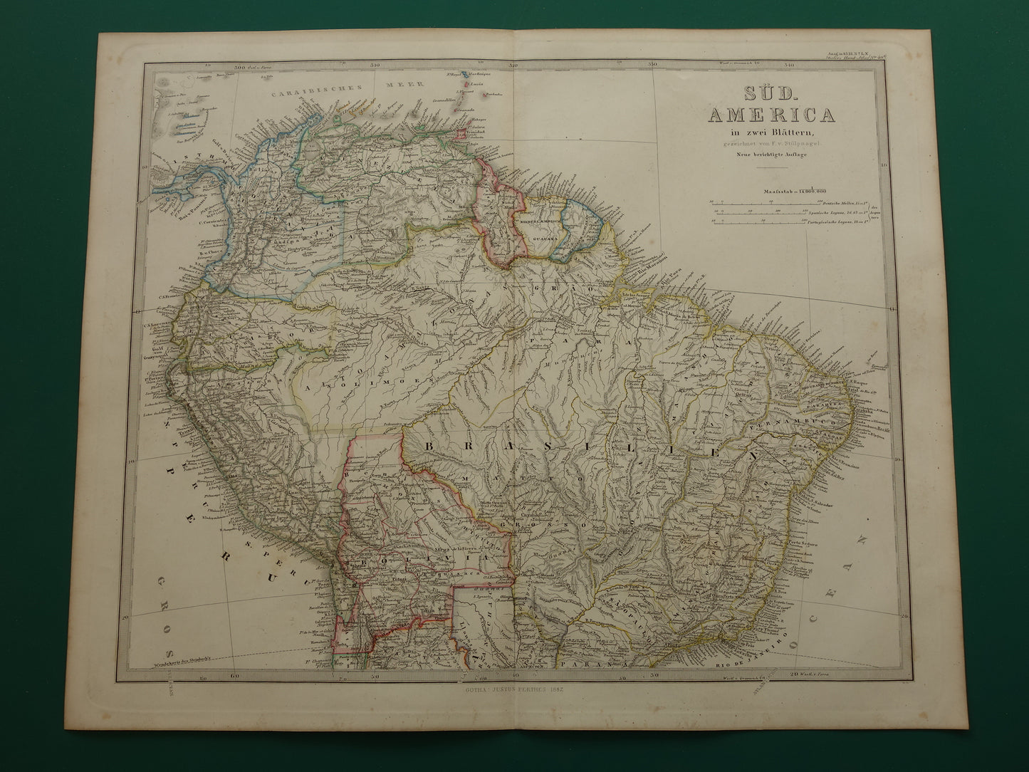 ZUID-AMERIKA oude kaart van Brazilië Suriname Peru Bolivia Ecuador Colombia Venezuela grote antieke vintage landkaart uit 1868