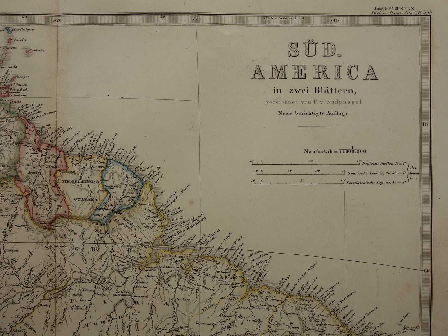 ZUID-AMERIKA oude kaart van Brazilië Suriname Peru Bolivia Ecuador Colombia Venezuela grote antieke vintage landkaart uit 1868