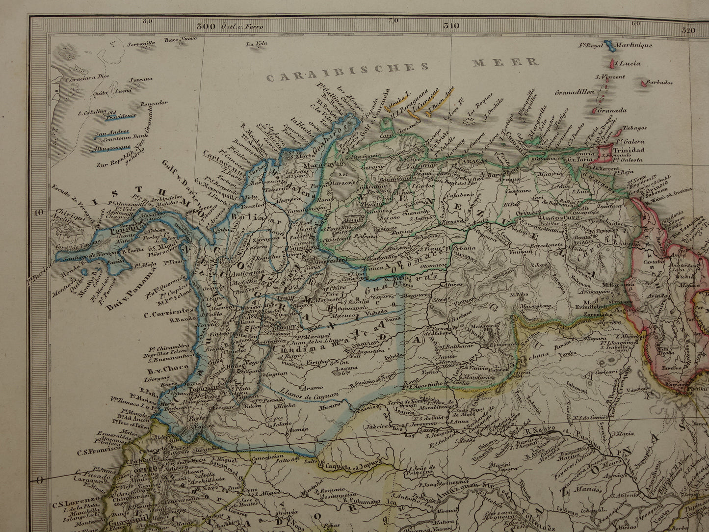 ZUID-AMERIKA oude kaart van Brazilië Suriname Peru Bolivia Ecuador Colombia Venezuela grote antieke vintage landkaart uit 1868