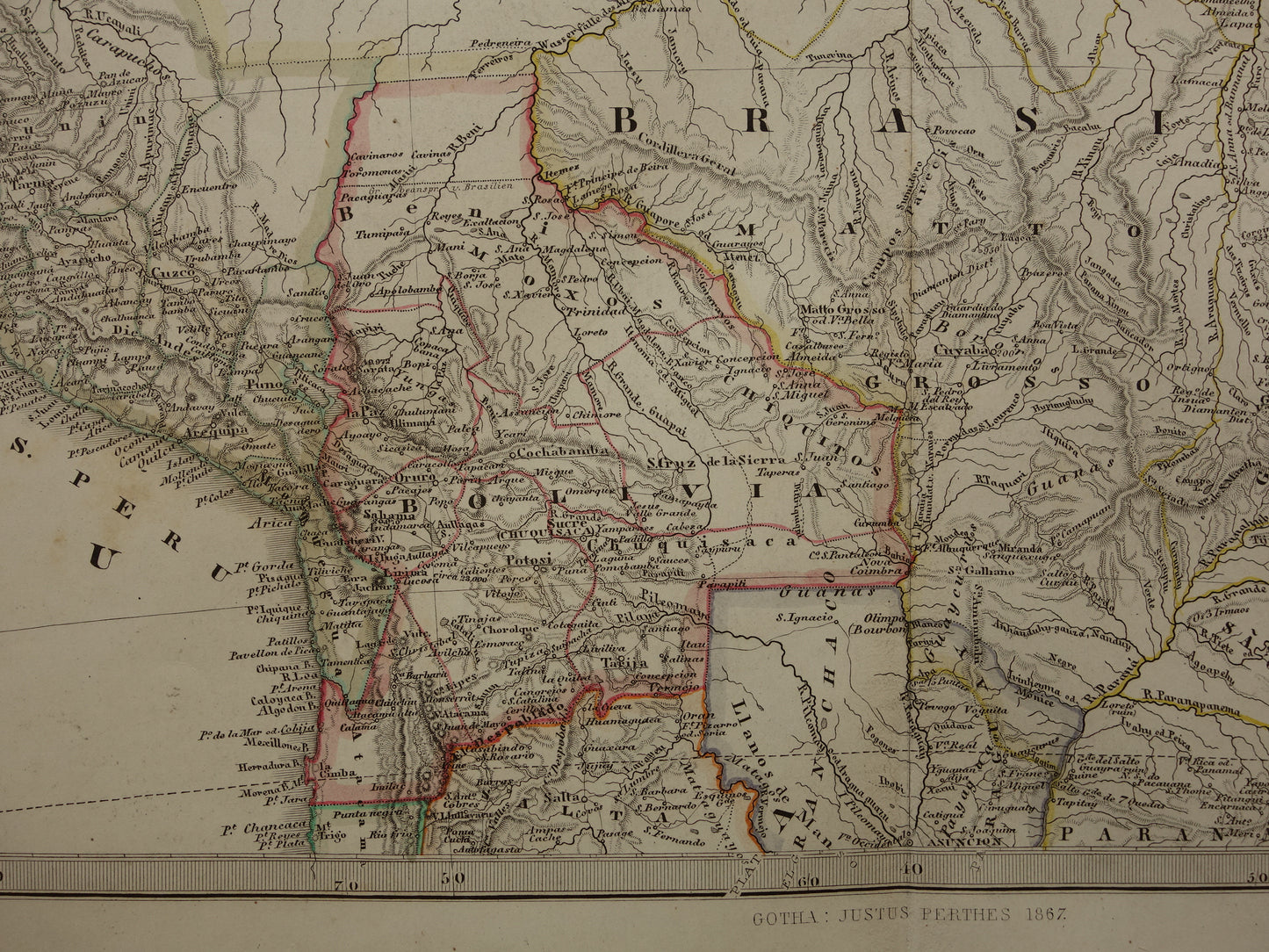 ZUID-AMERIKA oude kaart van Brazilië Suriname Peru Bolivia Ecuador Colombia Venezuela grote antieke vintage landkaart uit 1868