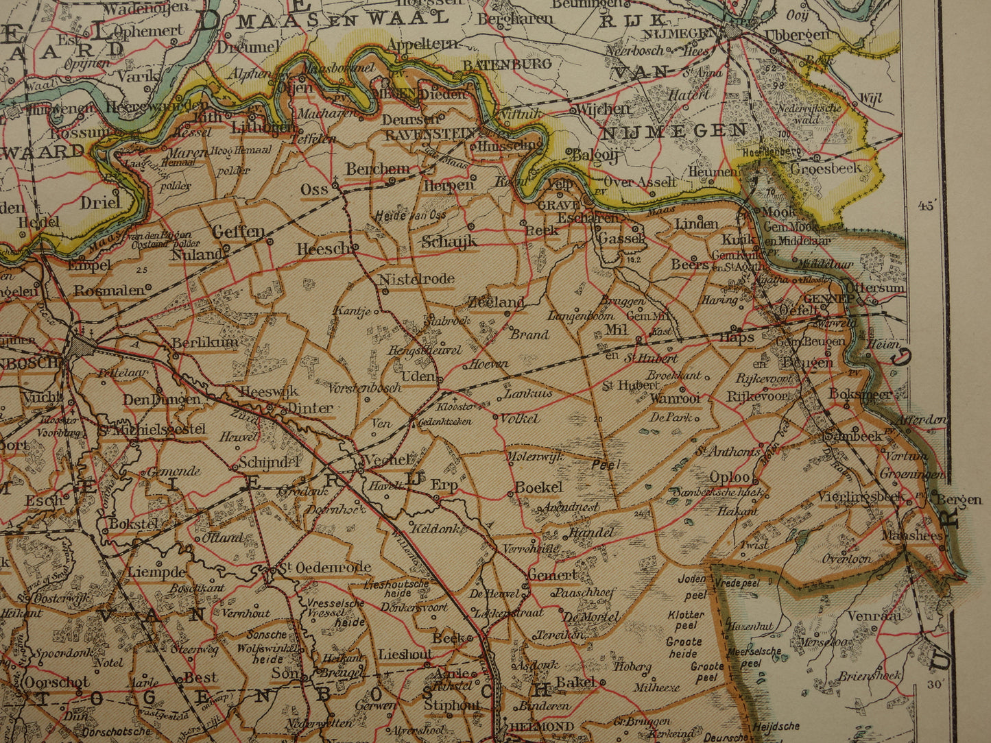 Noord-Brabant Oude landkaart van de provincie Noord-Brabant uit 1910 originele antieke kaart