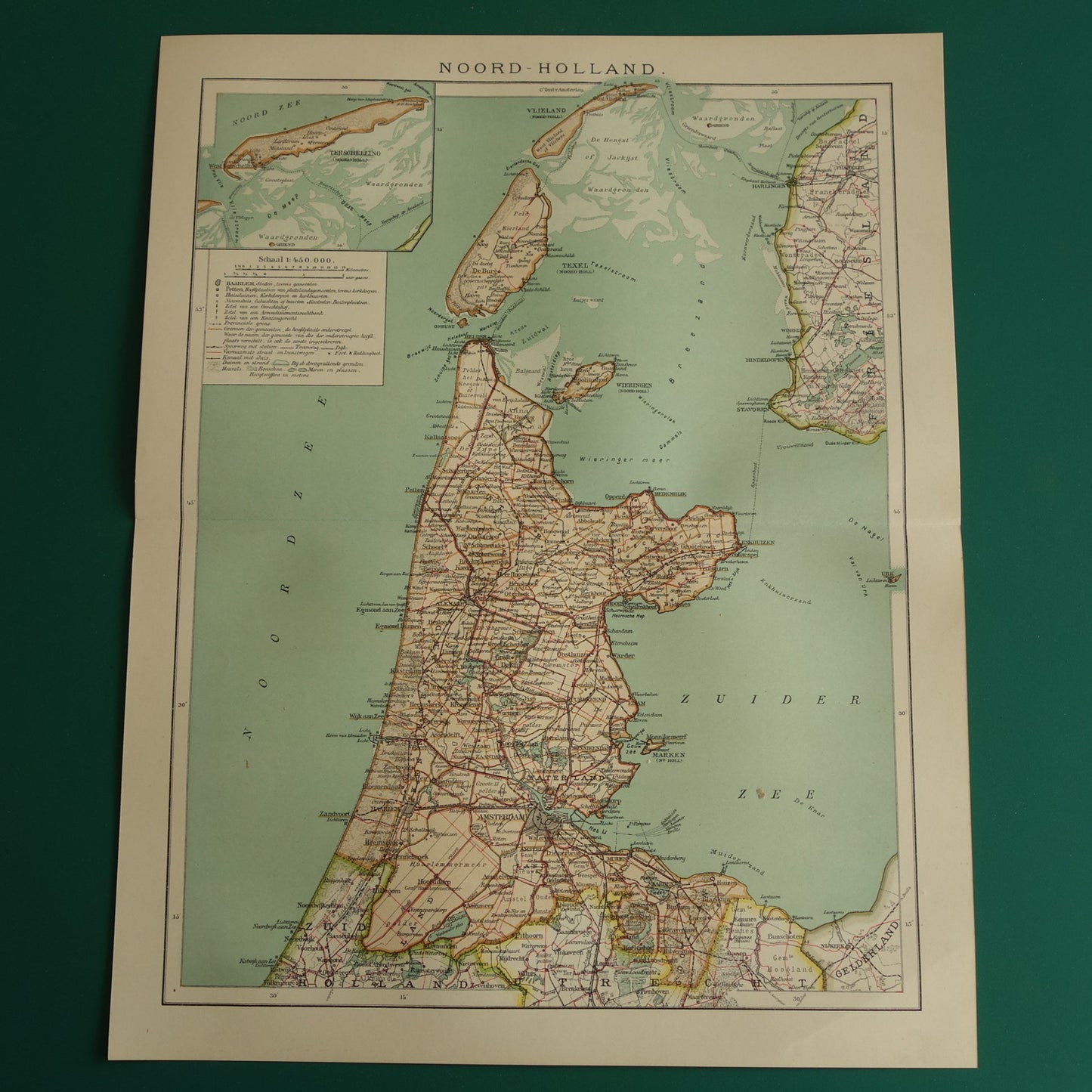 Antieke kaart van de provincie Noord-Holland uit 1910 originele vintage oude kaart Amsterdam Enkhuizen Alkmaar Texel - Nederlandse landkaarten