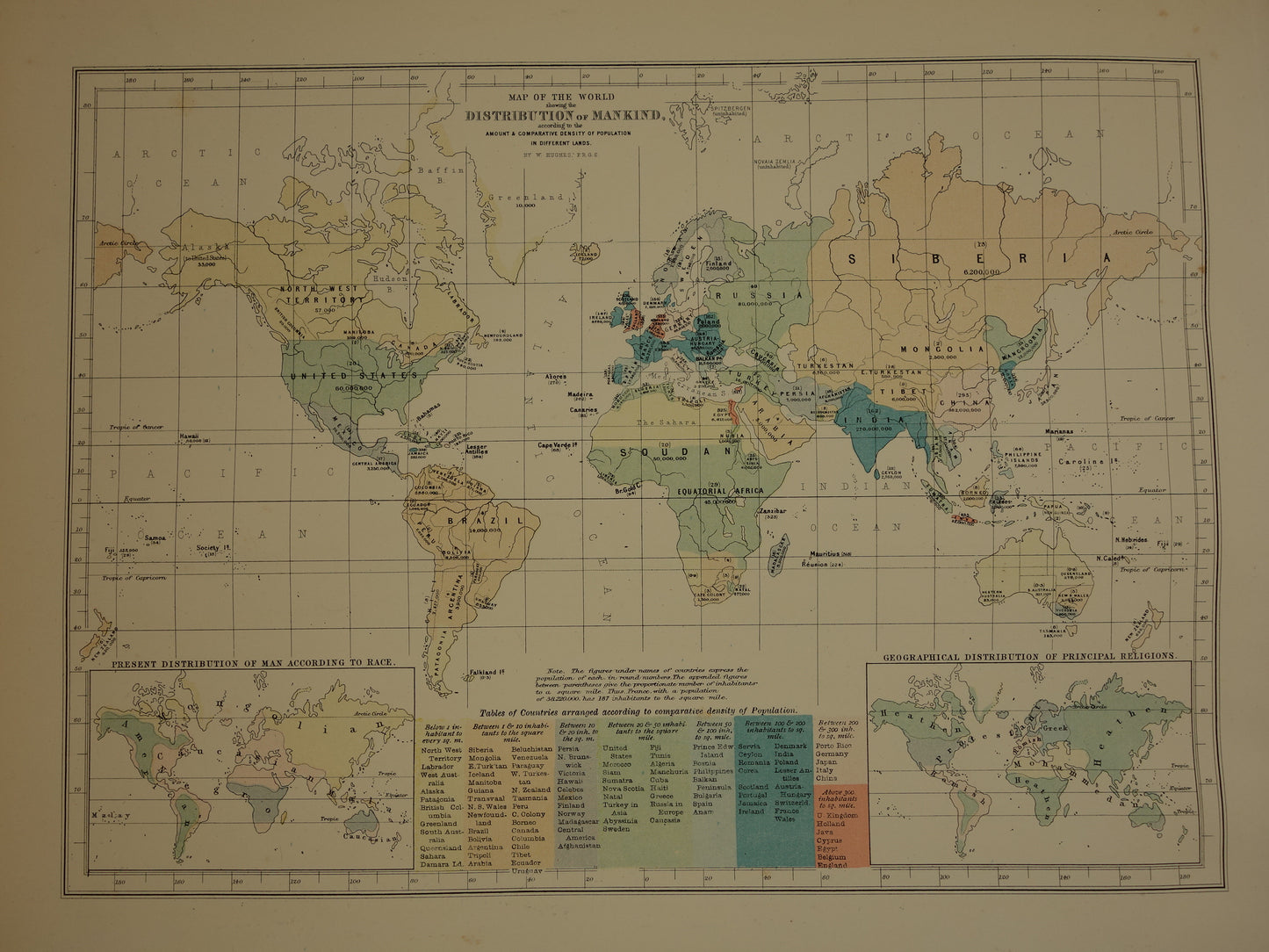 originele historische wereldkaart bevolkingsdichtheid in 1890 kopen