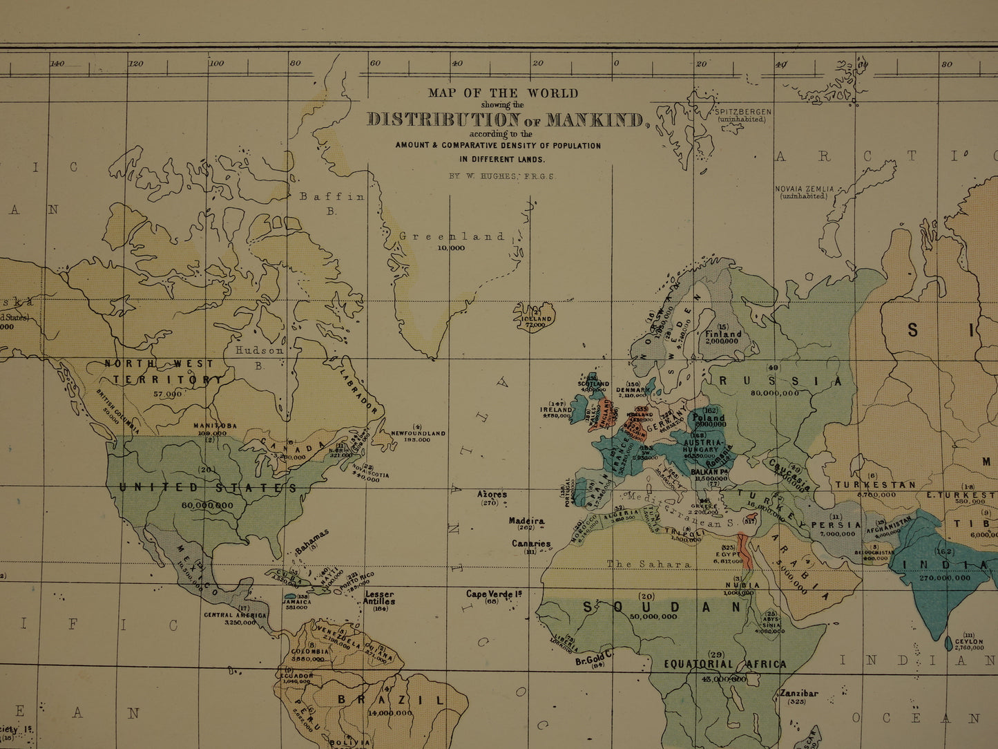 WERELDKAART grote antieke kaart met Wereldkaarten Bevolkingsdichtheid Verspreiding Flora en Fauna 1890 originele 130+ jaar oude print poster