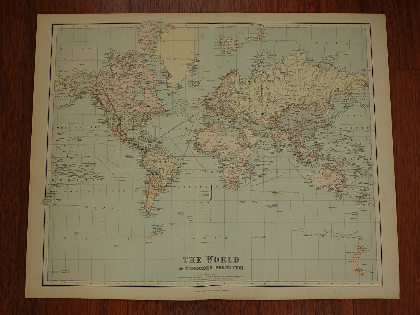 WERELDKAART grote antieke kaart van de wereld in mercatorprojectie 1890 originele 130+ jaar oude wereldkaarten poster