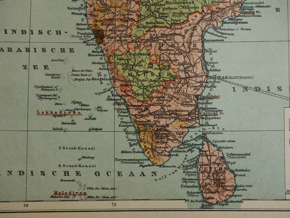 Alte Karte von Indien aus dem Jahr 1910, originale historische Karte von Indien, Madras, Bombay, Mumbai