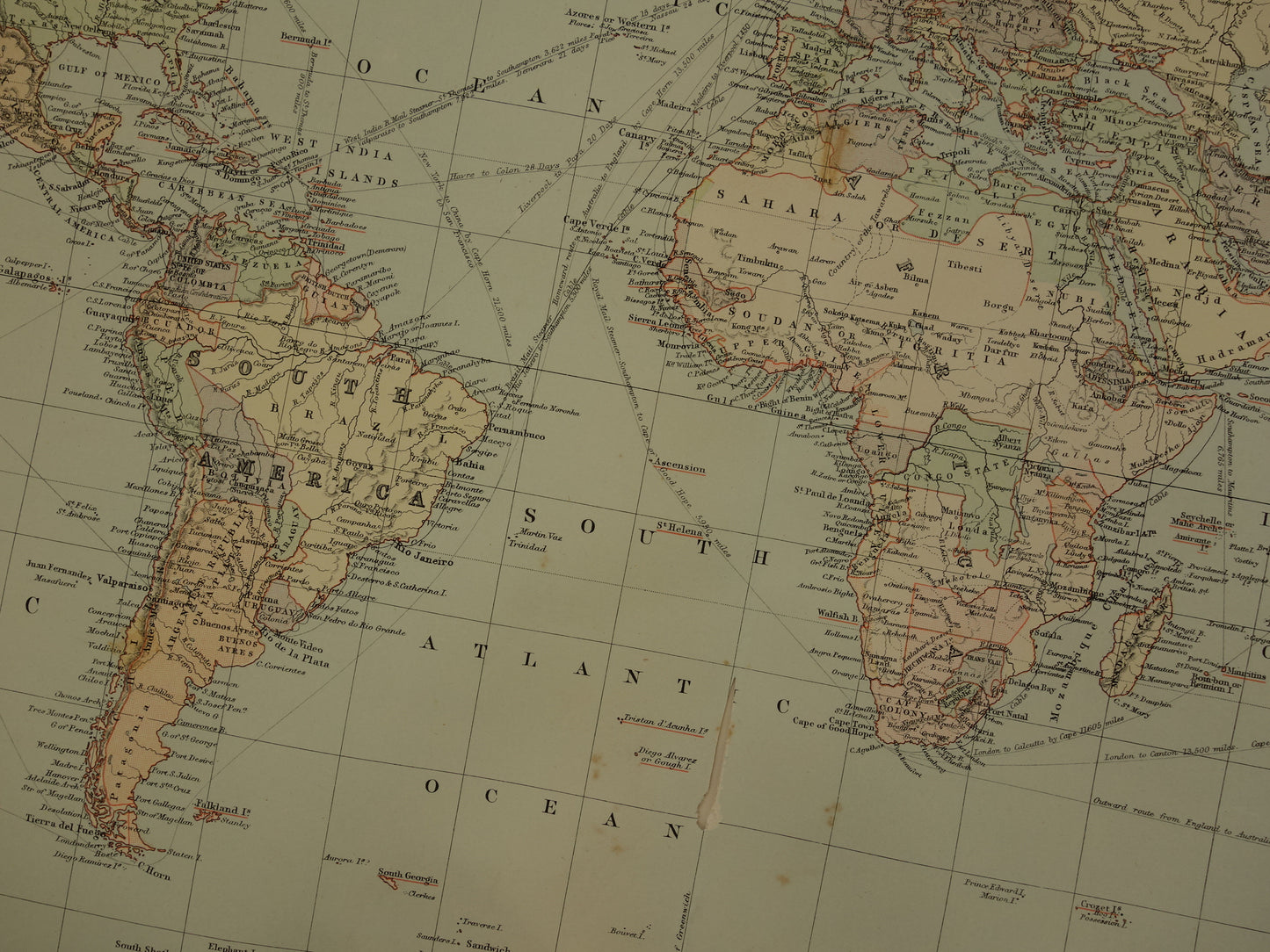 WERELDKAART grote antieke kaart van de wereld in mercatorprojectie 1890 originele 130+ jaar oude wereldkaarten poster