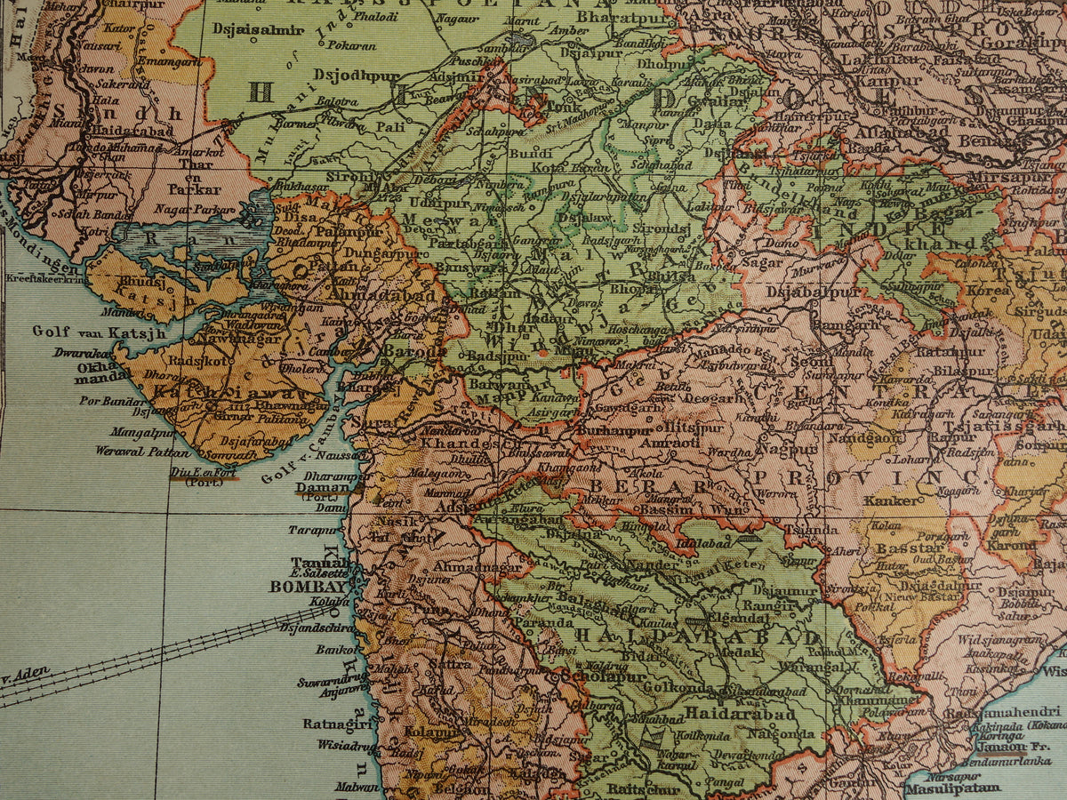 Alte Karte von Indien aus dem Jahr 1910, originale historische Karte von Indien, Madras, Bombay, Mumbai