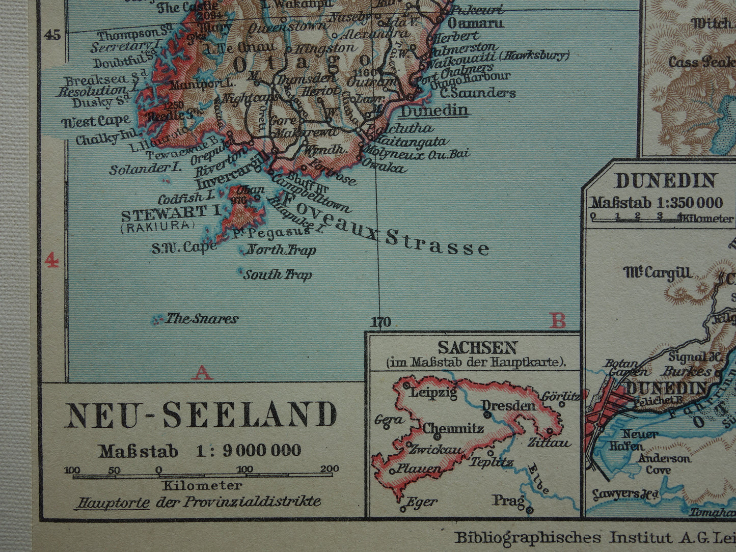 Oude landkaart van Nieuw-Zeeland uit 1931 originele vintage kaart Nieuw-Zeeland Dunedin Christchurch Auckland Wellington - antieke landkaarten