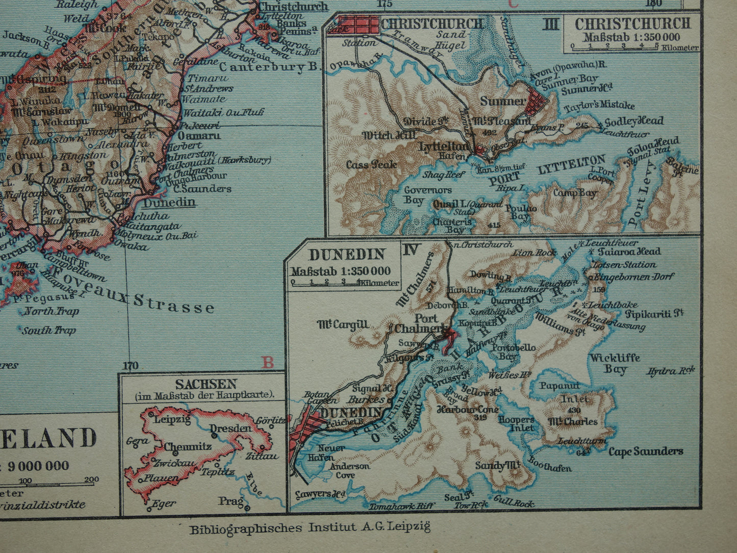 Oude landkaart van Nieuw-Zeeland uit 1931 originele vintage kaart Nieuw-Zeeland Dunedin Christchurch Auckland Wellington - antieke landkaarten