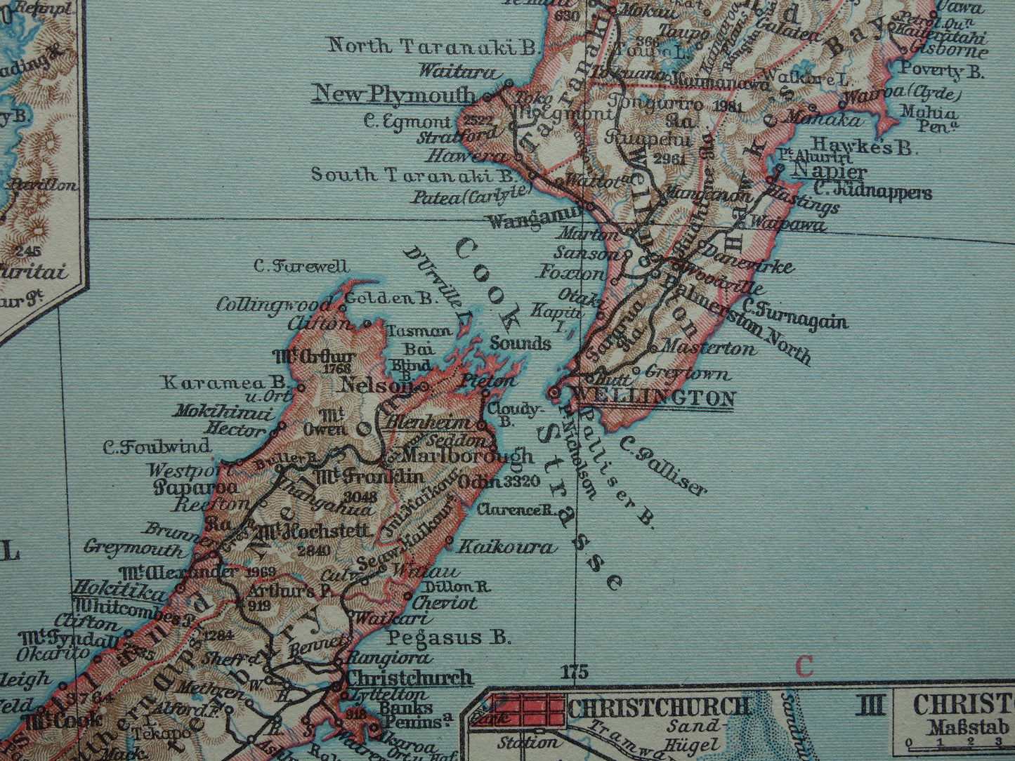 Oude landkaart van Nieuw-Zeeland uit 1931 originele vintage kaart Nieuw-Zeeland Dunedin Christchurch Auckland Wellington - antieke landkaarten