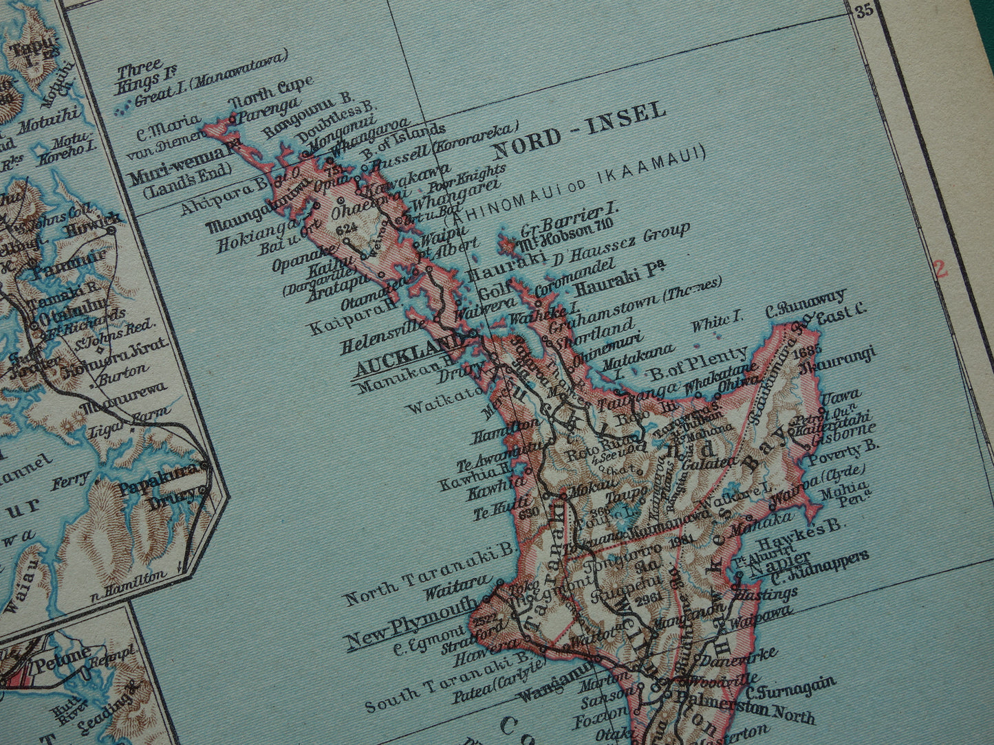 Oude landkaart van Nieuw-Zeeland uit 1931 originele vintage kaart Nieuw-Zeeland Dunedin Christchurch Auckland Wellington - antieke landkaarten