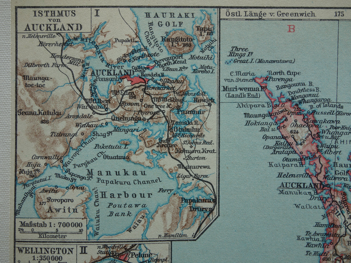 Oude landkaart van Nieuw-Zeeland uit 1931 originele vintage kaart Nieuw-Zeeland Dunedin Christchurch Auckland Wellington - antieke landkaarten