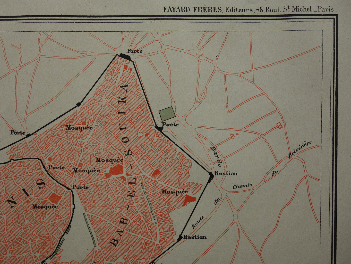 TUNIS oude kaart van Tunis Tunesië 1896 originele antieke Franse plattegrond van Tunis