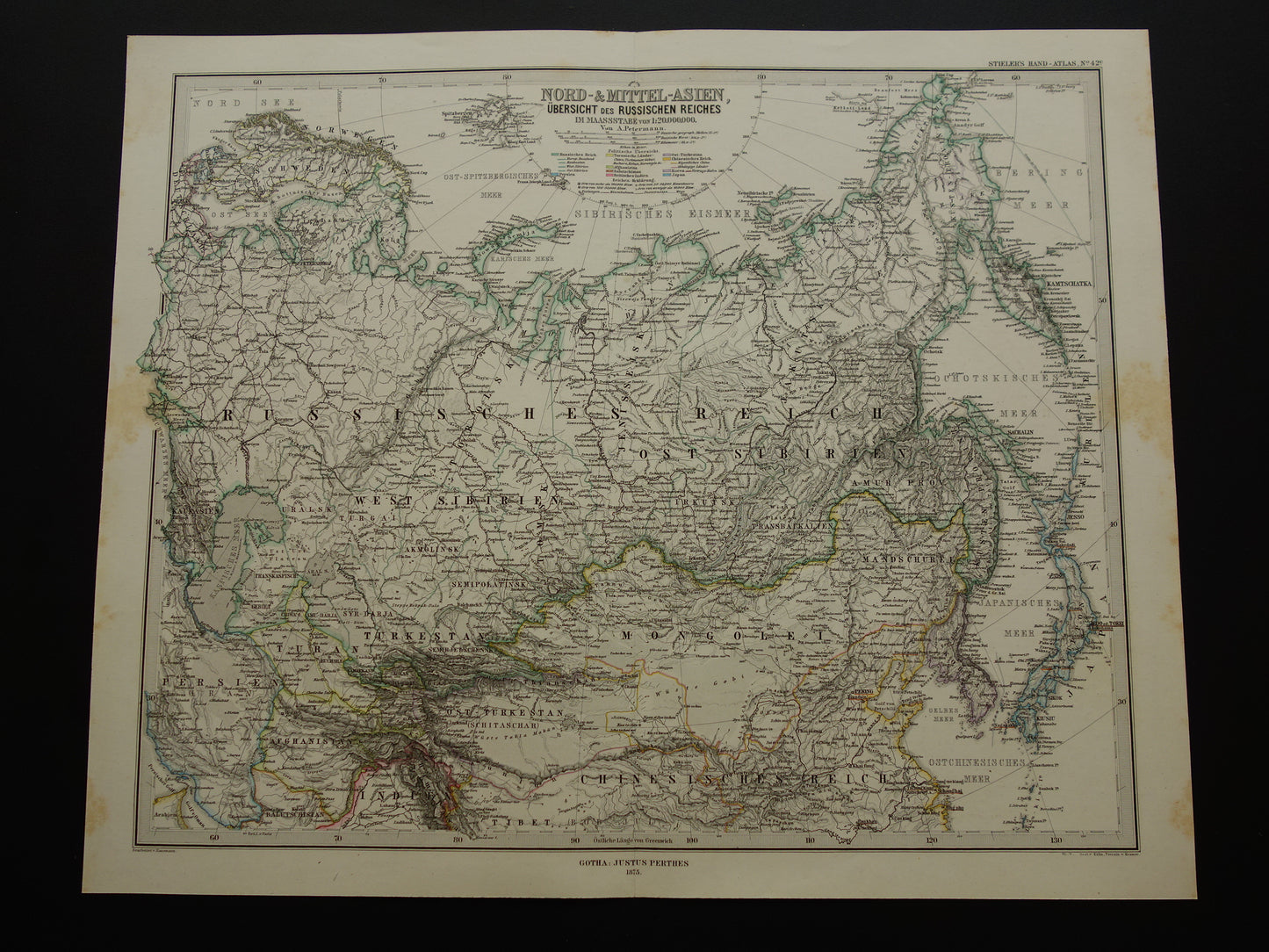 RUSLAND oude kaart van Russische Rijk Gedetailleerde antieke landkaart Europees en Aziatisch Rusland met jaartal - vintage poster Siberië 1875