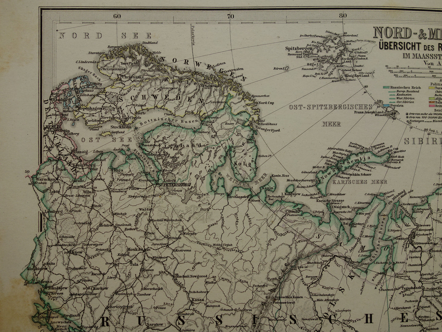 RUSLAND oude kaart van Russische Rijk Gedetailleerde antieke landkaart Europees en Aziatisch Rusland met jaartal - vintage poster Siberië 1875