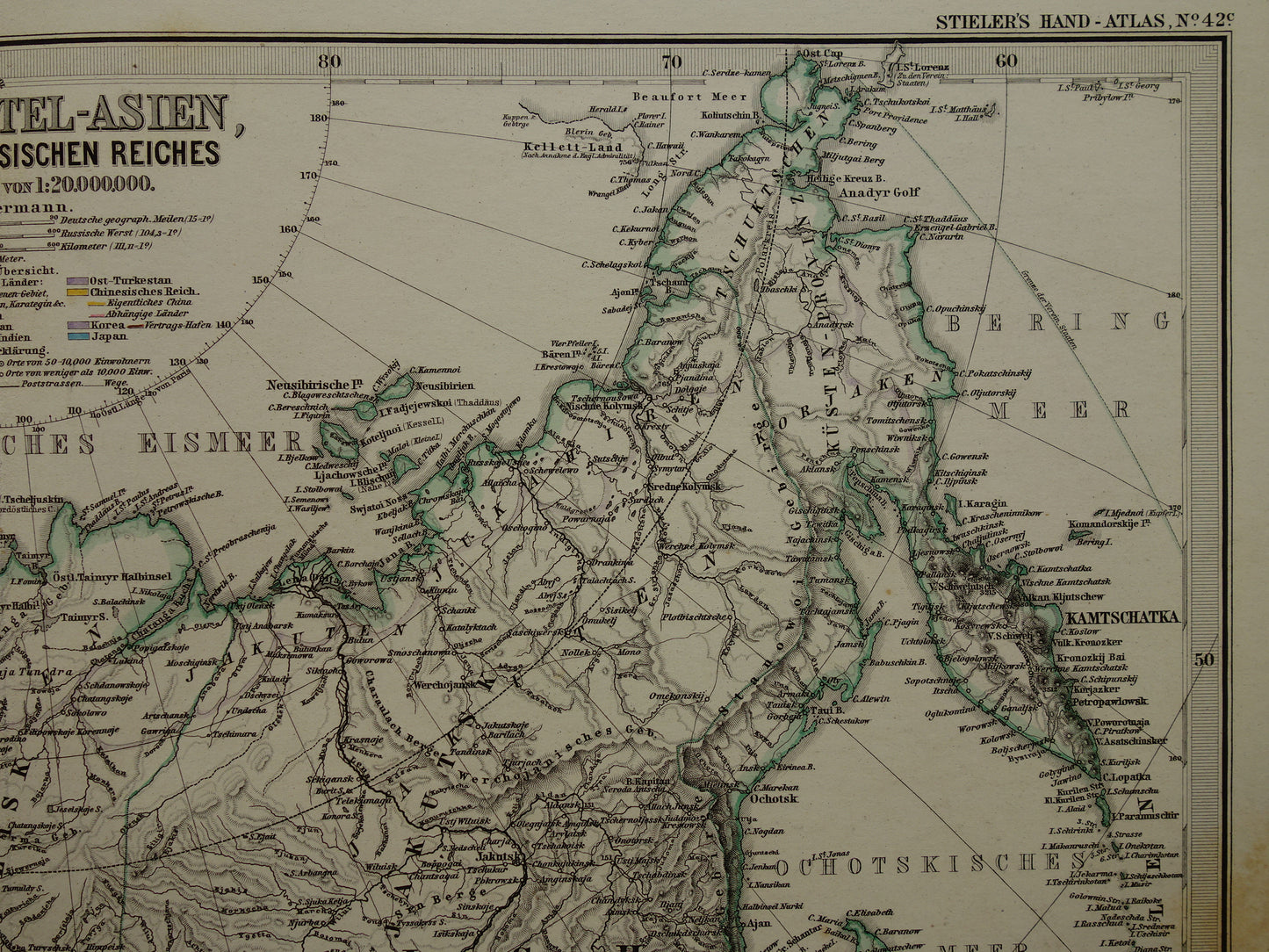 RUSLAND oude kaart van Russische Rijk Gedetailleerde antieke landkaart Europees en Aziatisch Rusland met jaartal - vintage poster Siberië 1875