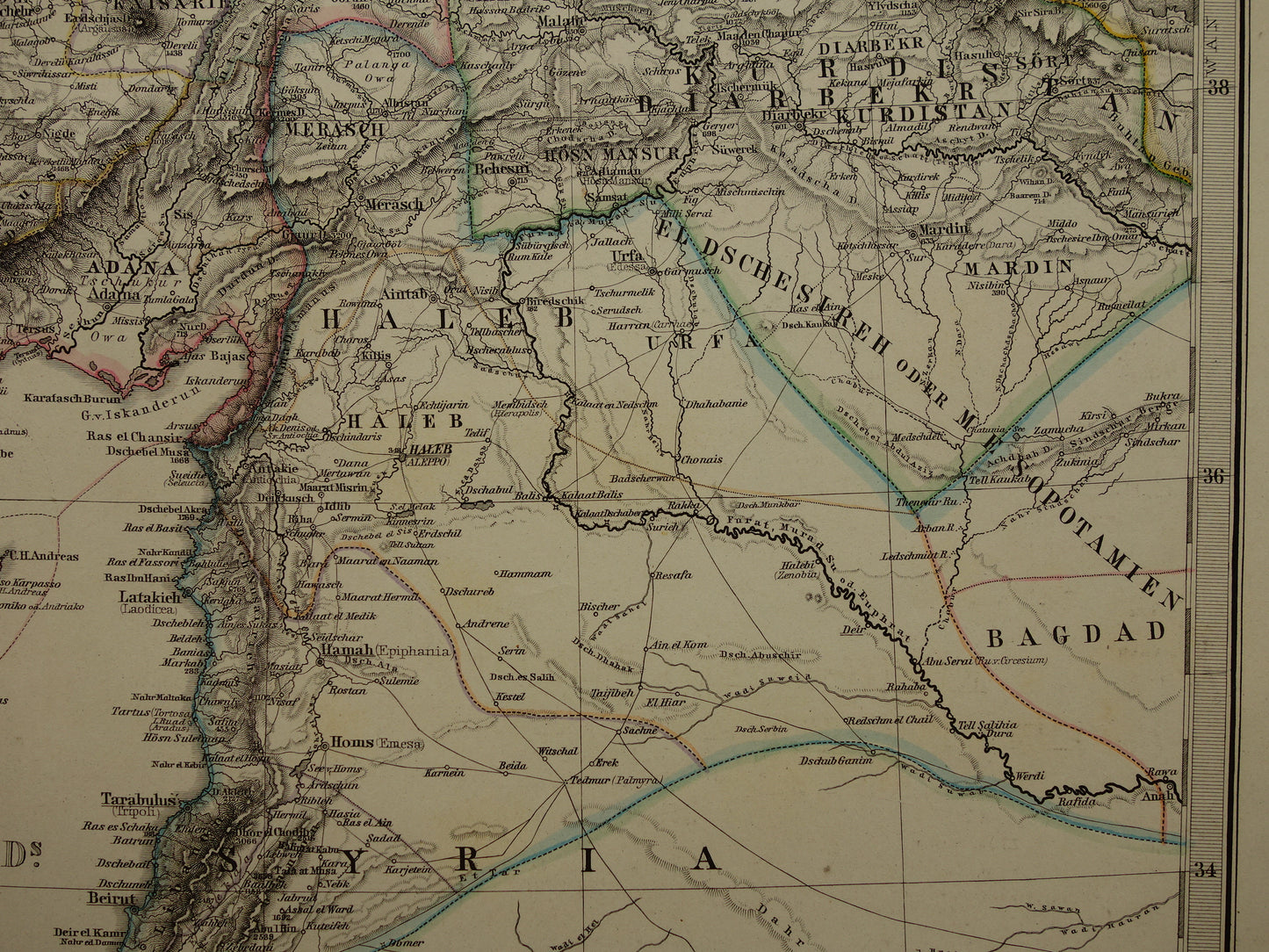 TURKIJE oude kaart van Klein-Azië Syrië 1875 originele grote antieke landkaart Midden-Oosten Cyprus Libanon Izmir Smyrna