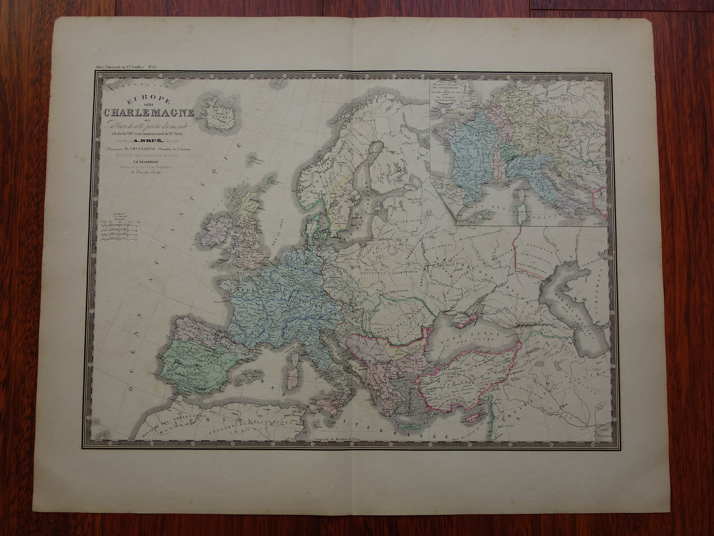 Antieke kaart van EUROPA tijdens Karel de Grote 145+ jaar oude grote landkaart van continent - originele vintage historische kaarten Rijk Carolus Magnus