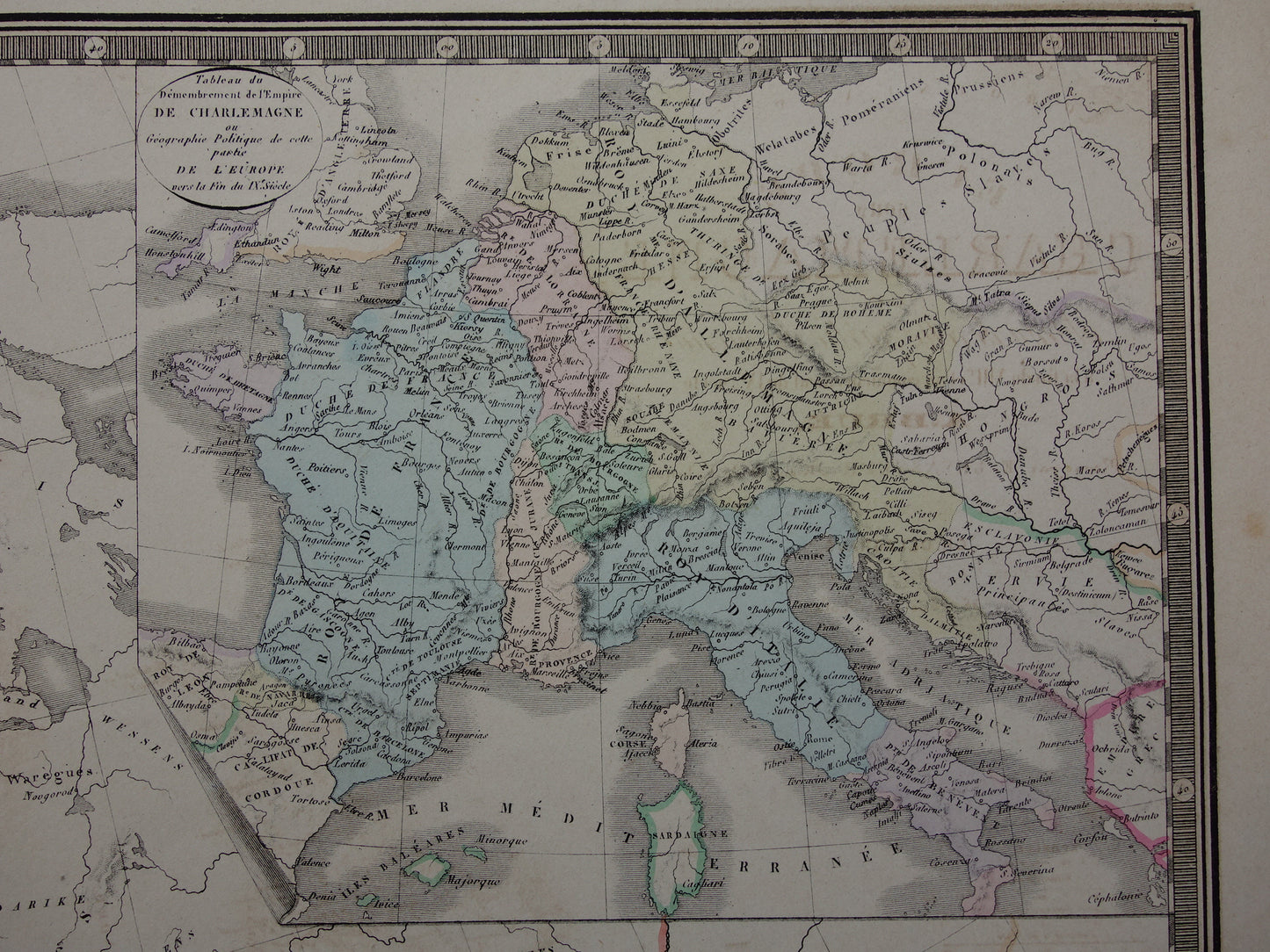 Antieke kaart van EUROPA tijdens Karel de Grote 145+ jaar oude grote landkaart van continent - originele vintage historische kaarten Rijk Carolus Magnus