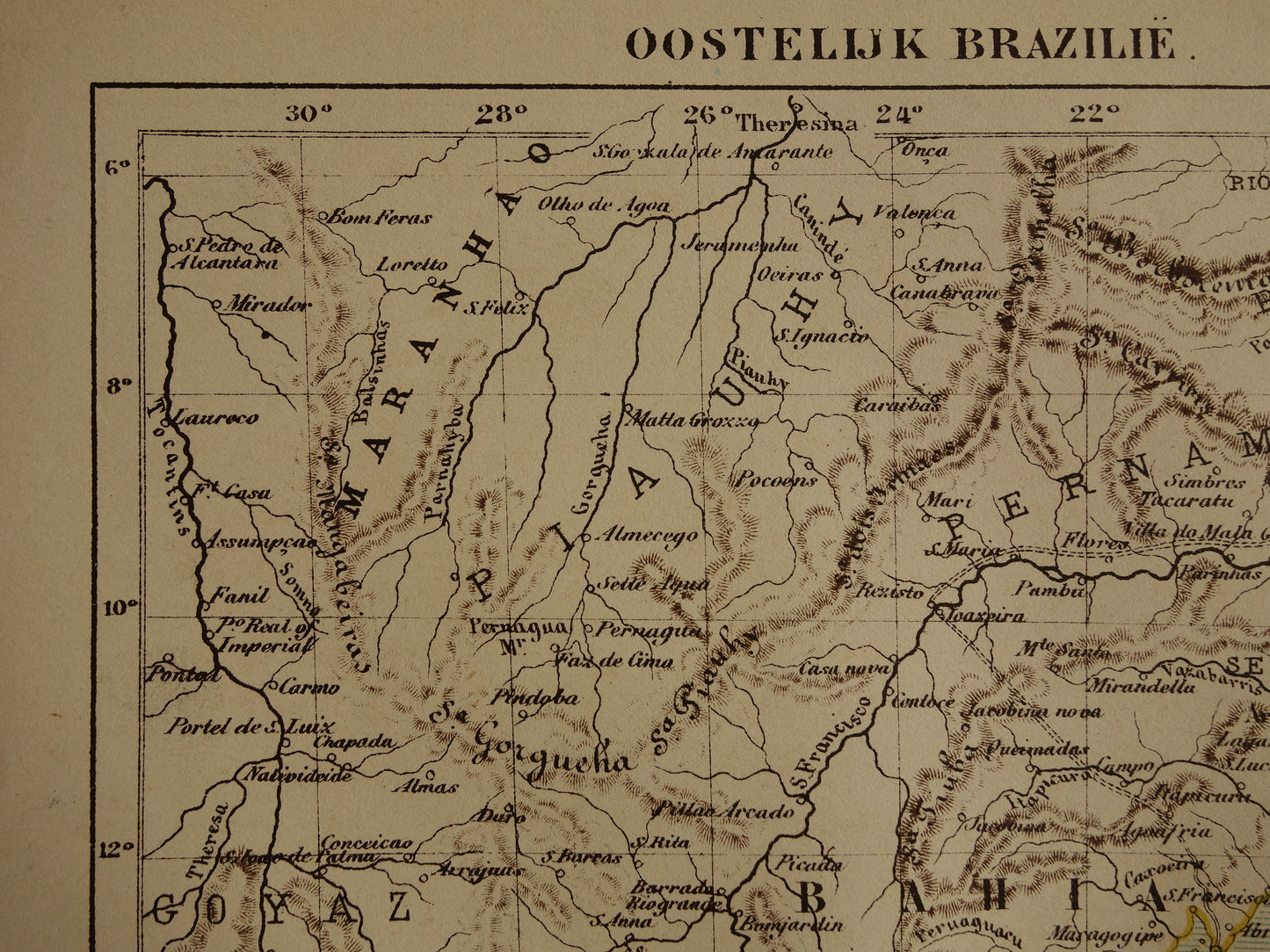 Brazilië oude landkaart oost Brazilië originele antieke Kuyper kaart uit 1882 vintage kaarten Rio de Janeiro Natal