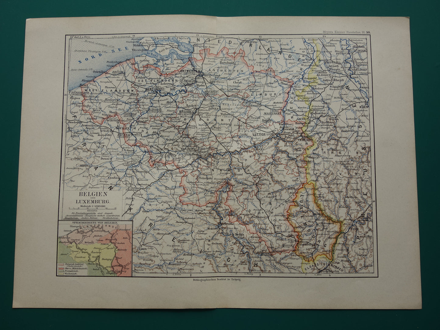 BELGIË oude kaart van België 1893 originele antieke Duitse gedetailleerde landkaart taalgrens