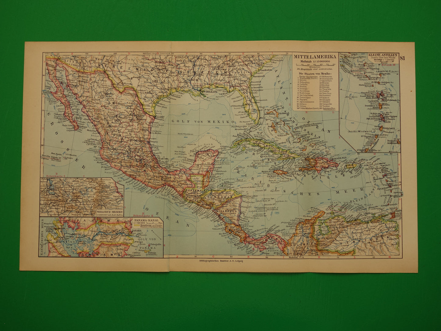 Oude landkaart van Midden-Amerika uit 1931 originele vintage kaart Mexico Panamakanaal Antillen Caribisch / Caraïbisch gebied
