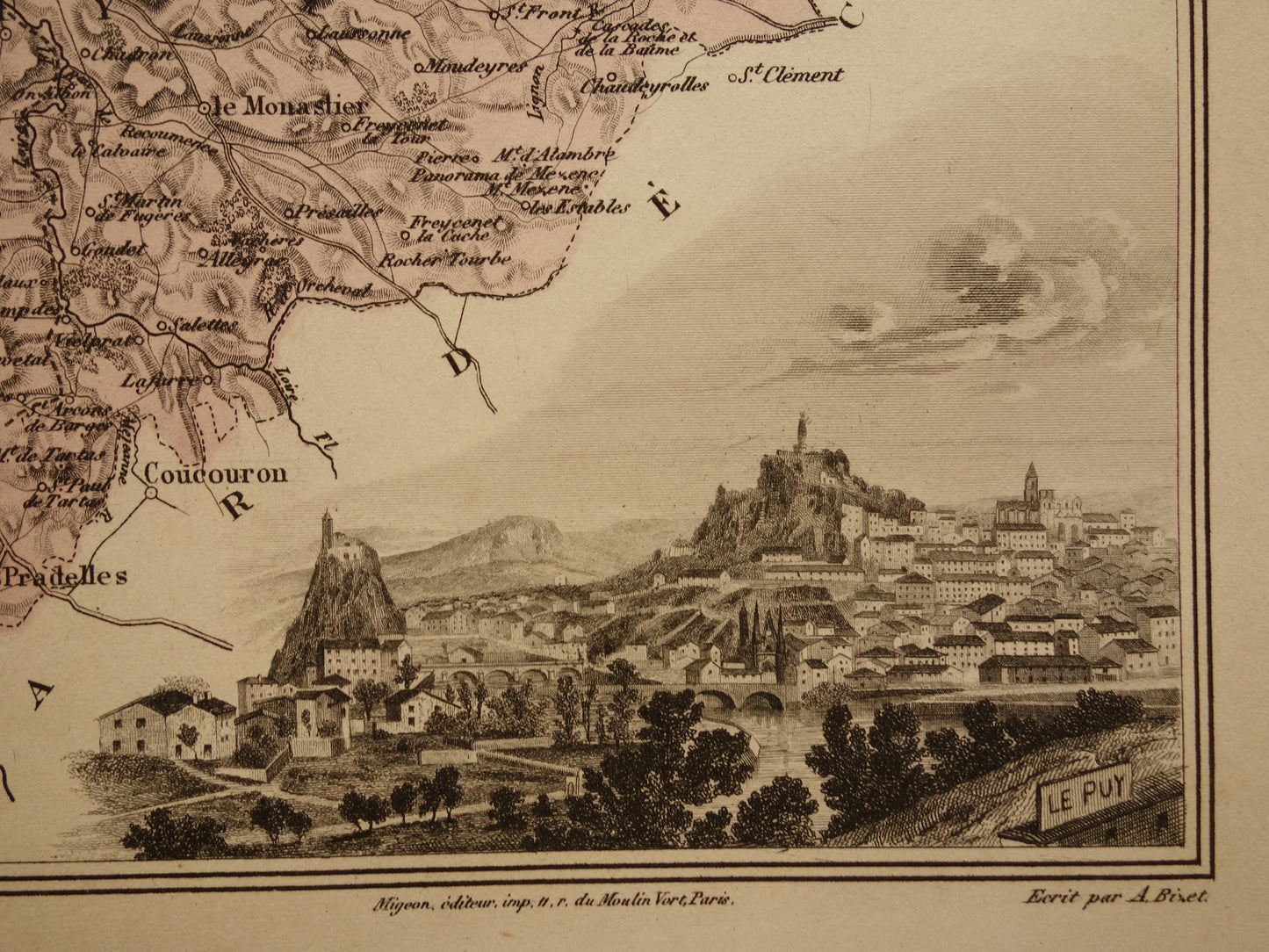 Oude kaart van Haute Loire departement in Frankrijk uit 1886 originele antieke handgekleurde landkaart Le Puy